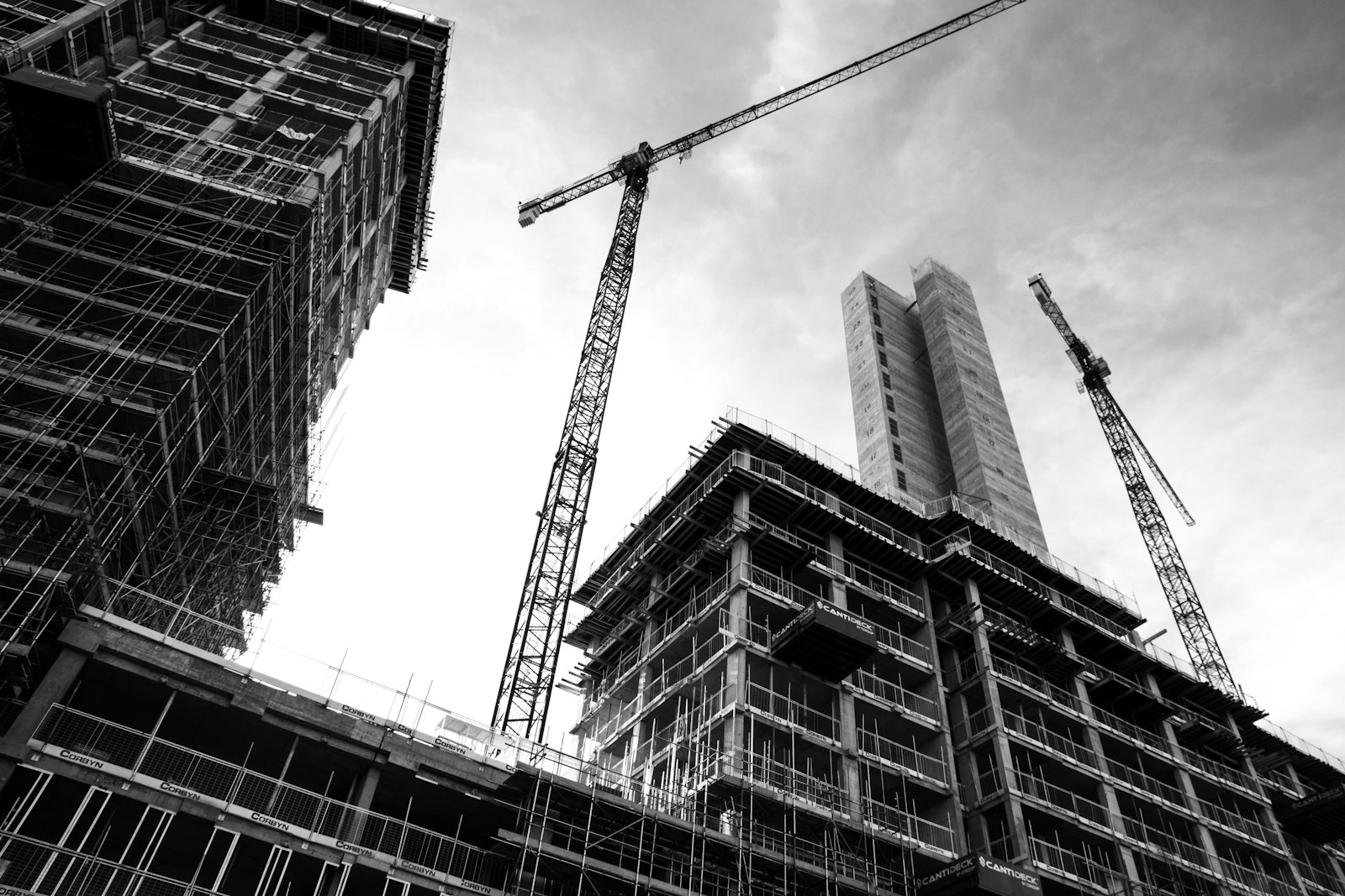 Guindastes em canteiro de obras